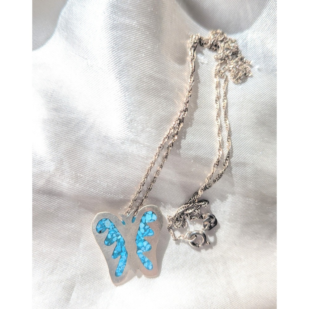 Inlaid Turquoise Butterfly Sterling Silver Necklace Boho Southwestern Artisan